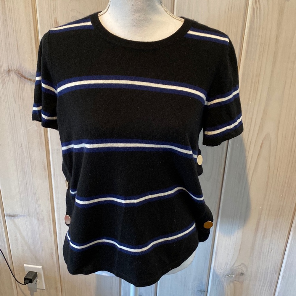 Lord and Taylor black, blue and white striped sweater